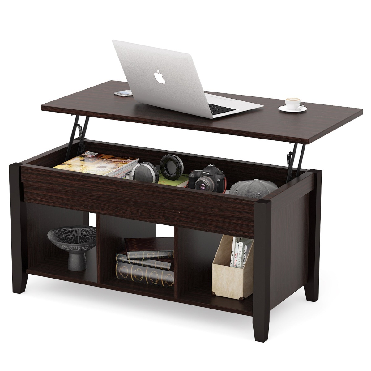 Coffee Table, Lift Top Center Table with Storage Shelves - Image 1