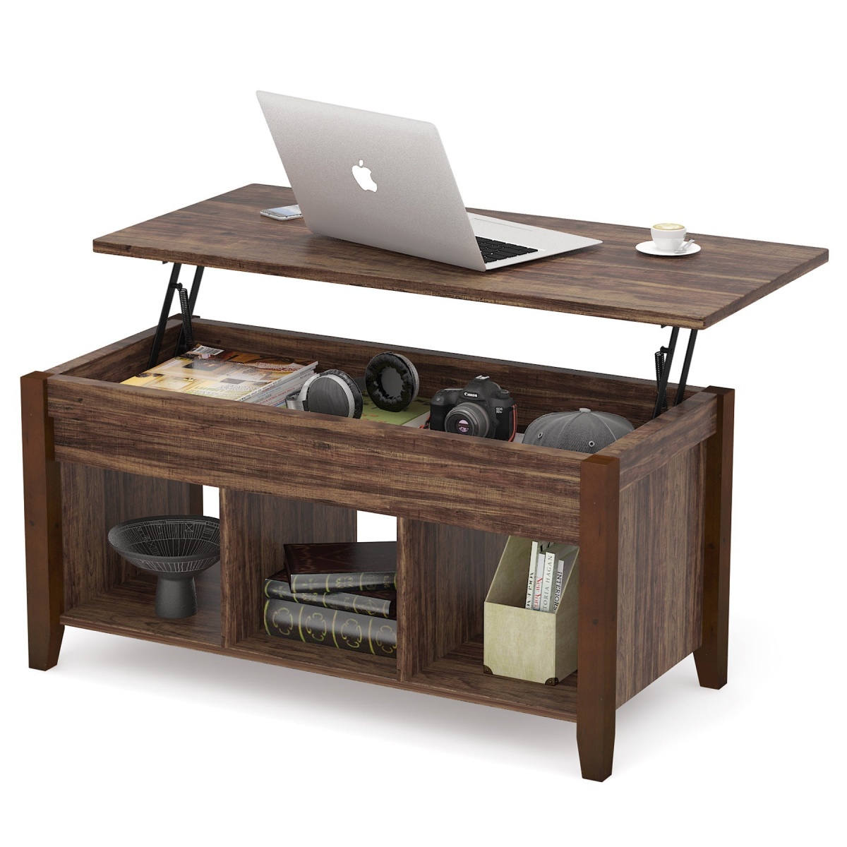 Coffee Table, Lift Top Center Table with Storage Shelves - Image 7
