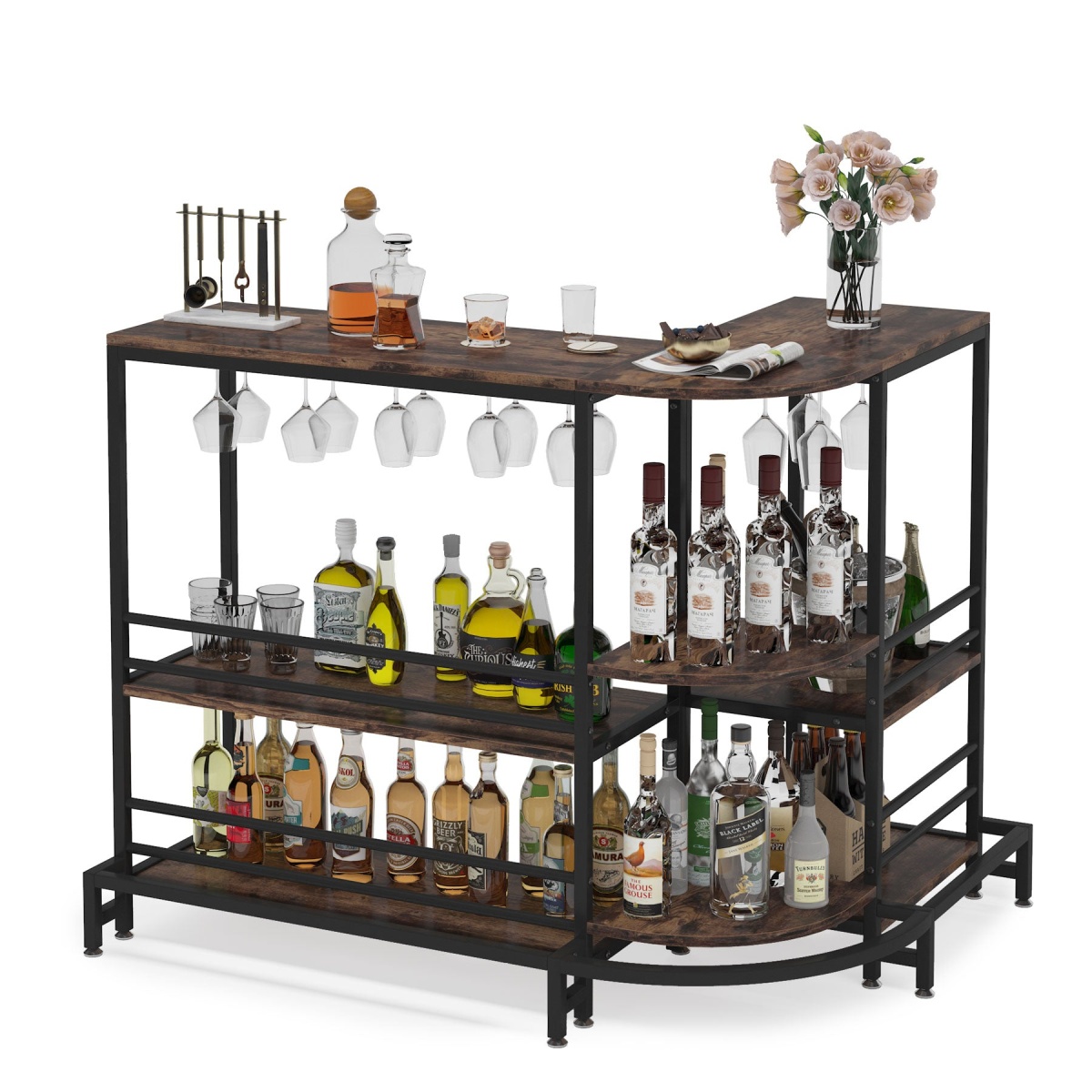 Bar Unit, 3-Tier L-Shaped Liquor Bar Table with Storage - Image 1