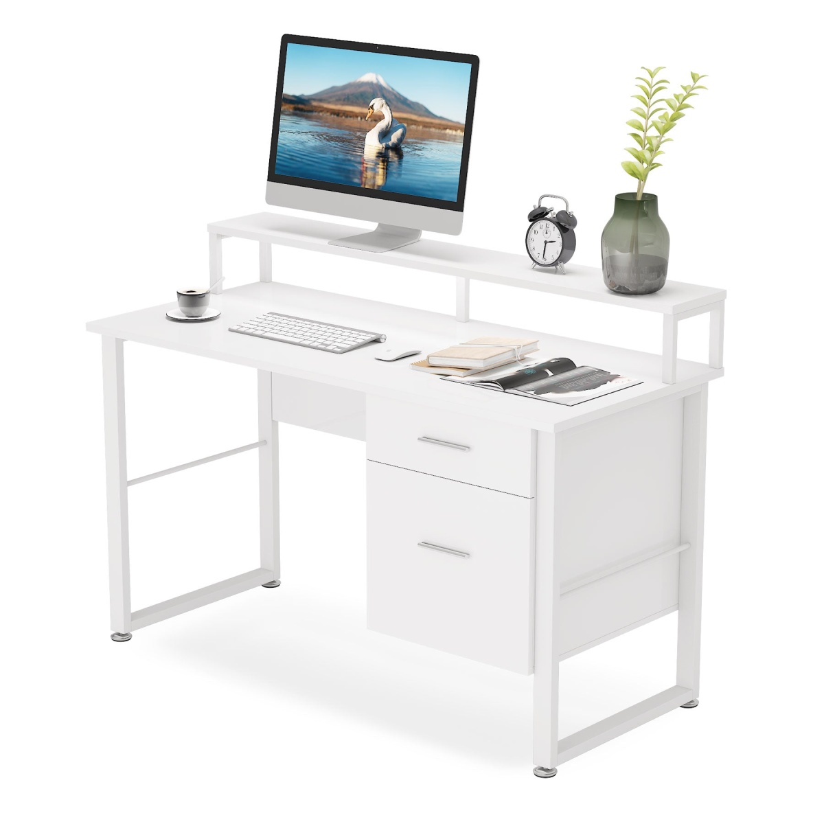 Computer Desk, White Study Table with with Monitor Stand ? Drawers - Image 2
