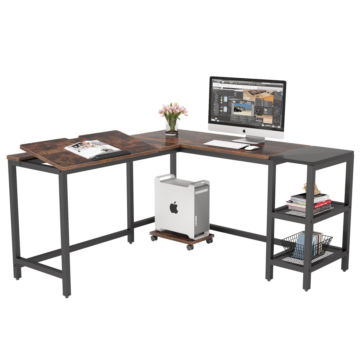 L-Shaped Desk, 59? Corner Computer Desk Drafting Table with Shelves - Image 2