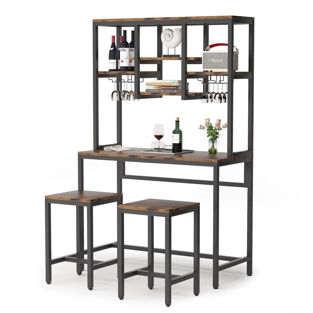 Bar Table Set, Industrial Pub Table with 2 Bar Stools & with Glass Holder - Image 1
