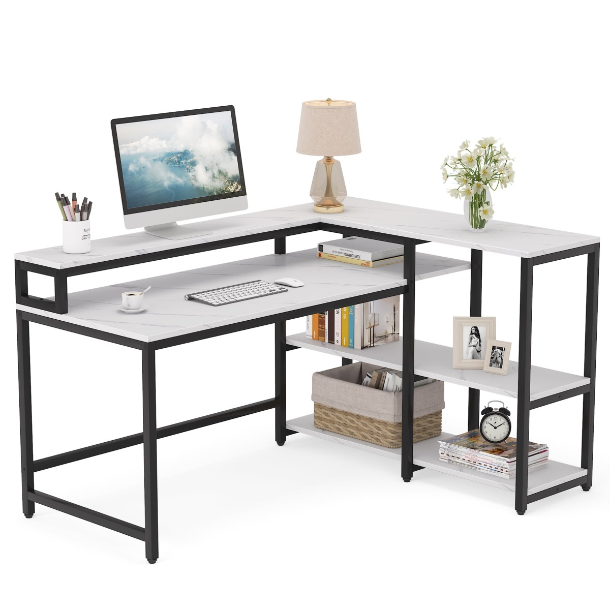 Reversible L Shaped Computer Corner Desk with Shelves - Image 8