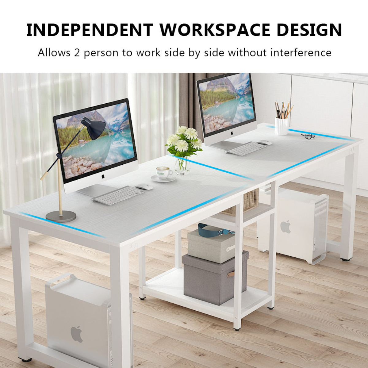 Two Person Desk, 78 Inches Computer Desk with Storage Shelves - Image 8