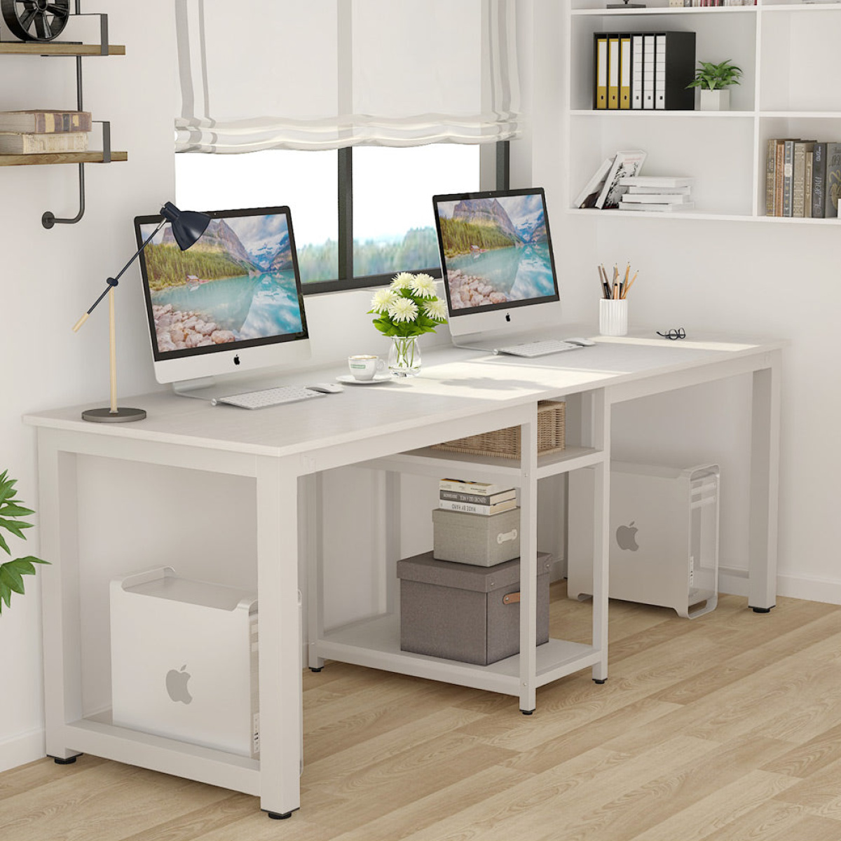 Two Person Desk, 78 Inches Computer Desk with Storage Shelves - Image 5