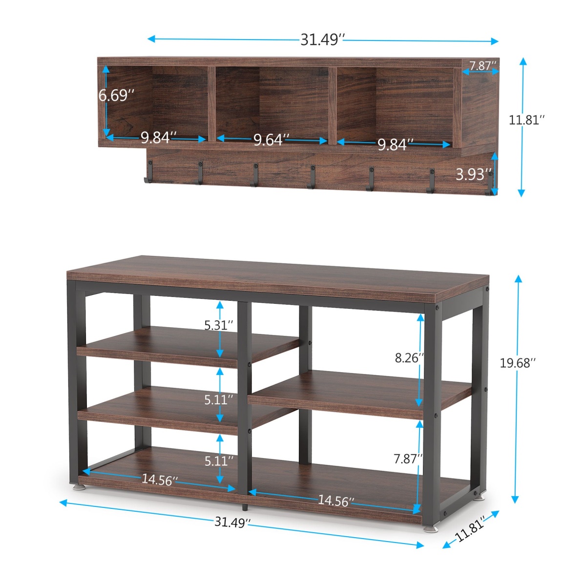 Coat Rack Shoe Bench Set, Hall Tree with Wall Mounted Shelf - Image 8