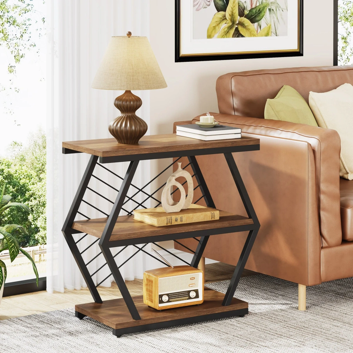 Round End Table, Industrial Side Table with Metal Hollow Frame - Image 22