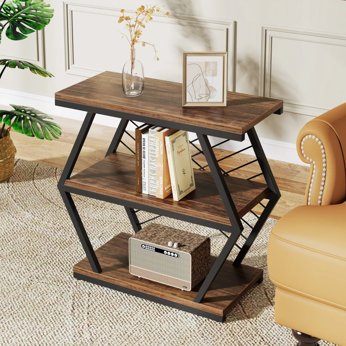 Round End Table, Industrial Side Table with Metal Hollow Frame - Image 20