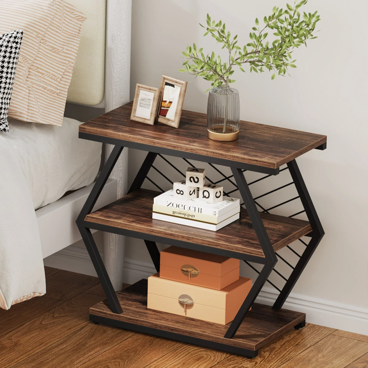 Round End Table, Industrial Side Table with Metal Hollow Frame - Image 23