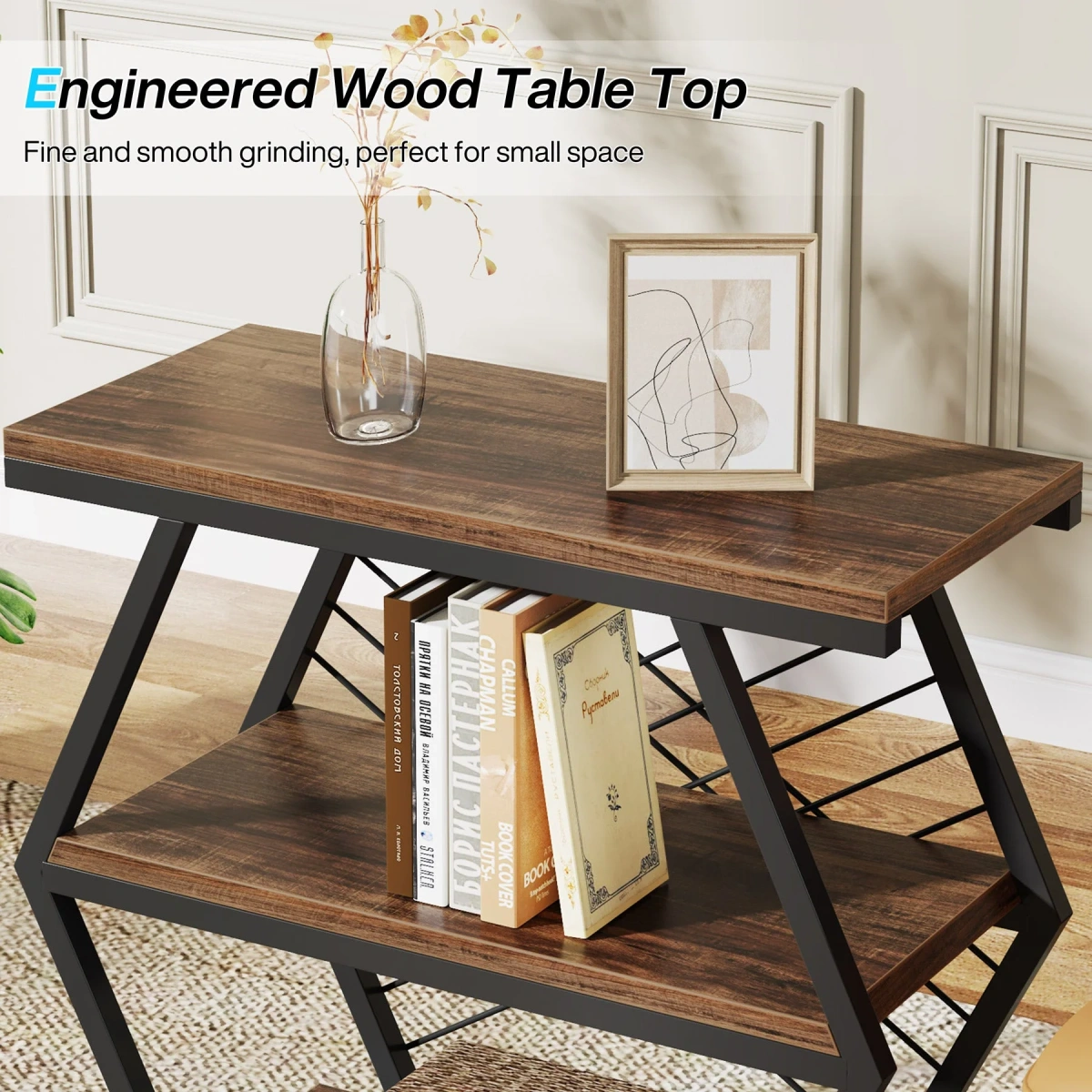 Round End Table, Industrial Side Table with Metal Hollow Frame - Image 24