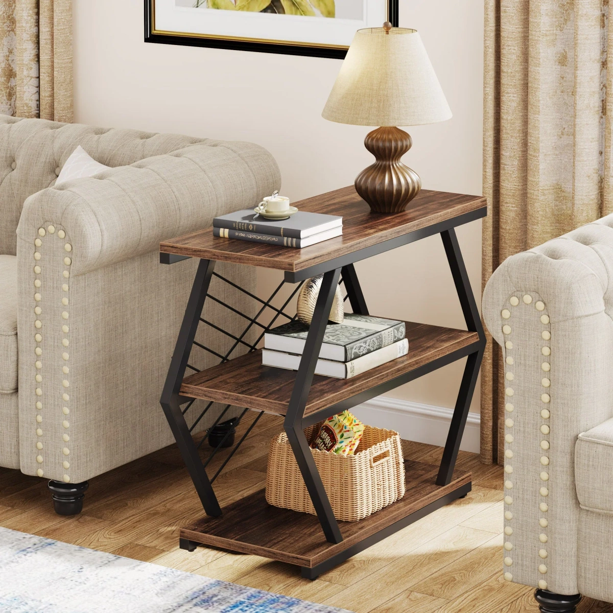 Round End Table, Industrial Side Table with Metal Hollow Frame - Image 25