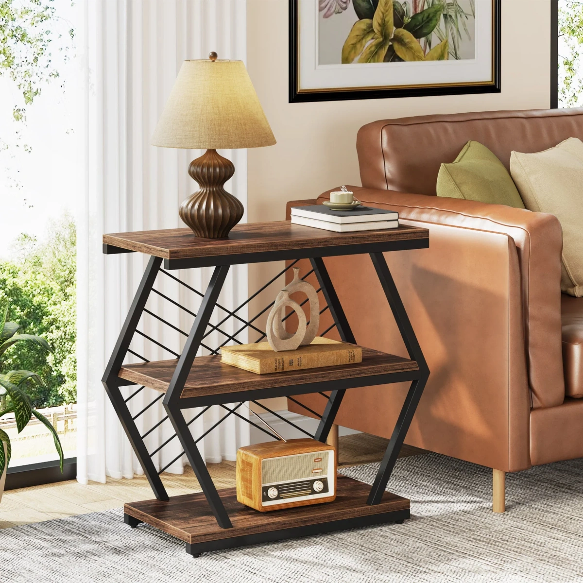 Round End Table, Industrial Side Table with Metal Hollow Frame - Image 26