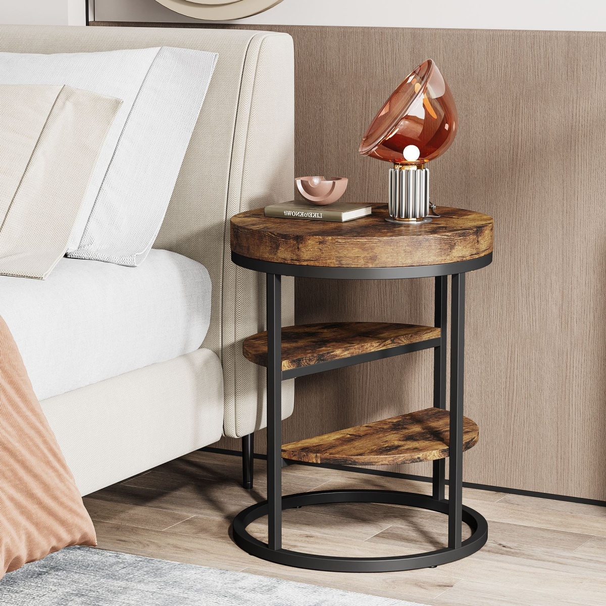 Round End Table, Small Side Table Nightstand with 3-Tier Shelves - Image 4