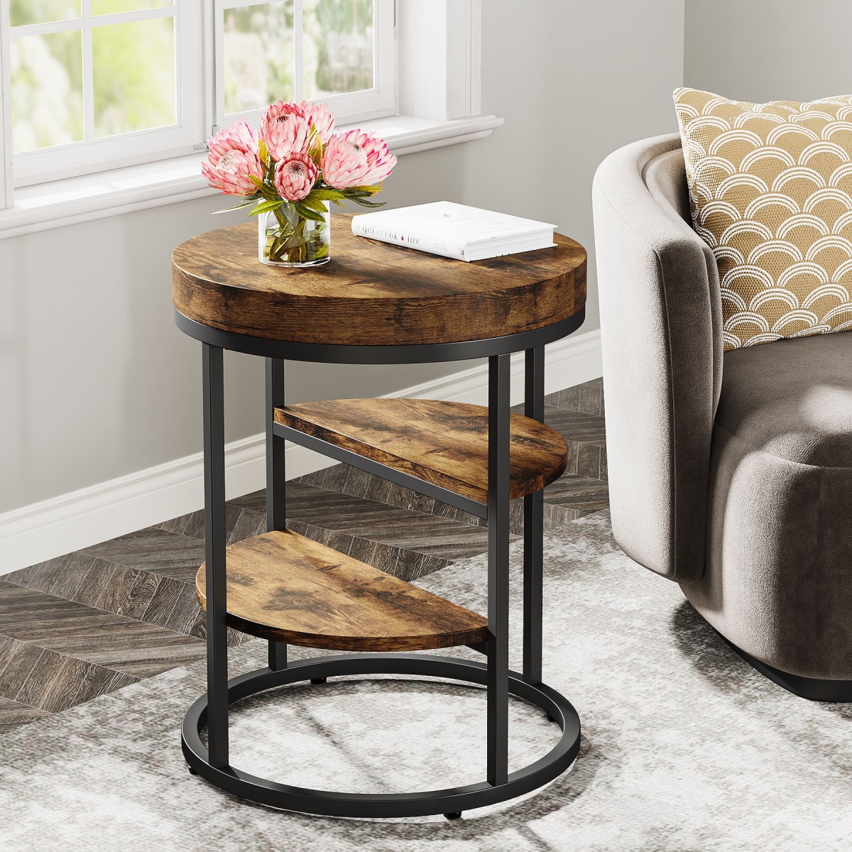 Round End Table, Small Side Table Nightstand with 3-Tier Shelves - Image 5
