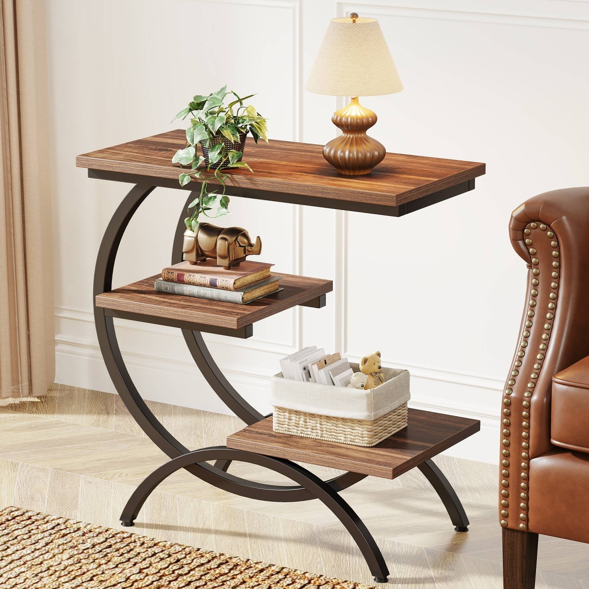 Round End Table, Industrial Side Table with Metal Hollow Frame - Image 44