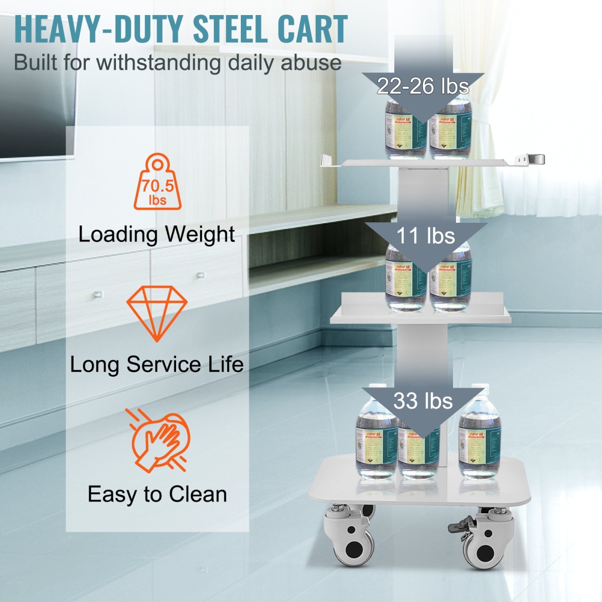 3 Trays Utility Cart 3-Layer Trolley Heavy Duty Lab Dental Rolling Utility Cart with 4 PE Wheels 2 of which can be Locked for Fixing Heavy-Duty with 33Lb Load Capacity - Image 4