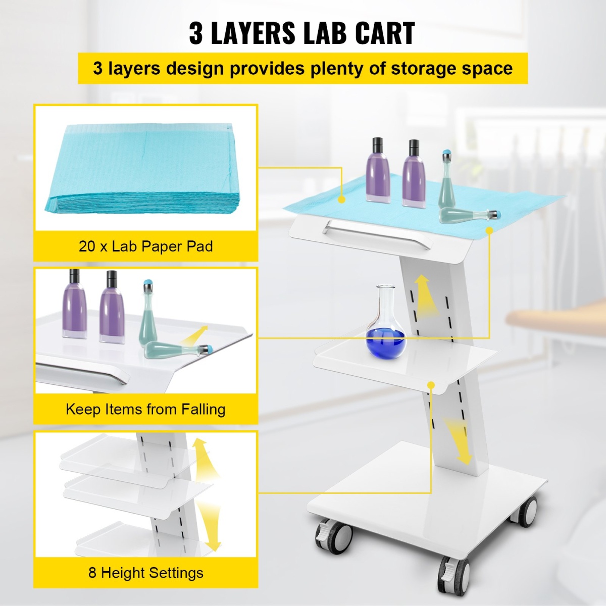 Lab Trolley, Built-in Socket Rolling Lab Cart, 3 Layers Tray Rolling Clinic Cart, 360? Silent Rolling Wheels w/ Foot Brake, 88 lbs Weight Capacity Sturdy Steel Frame, for Lab Clinic Beauty Salon - Image 4