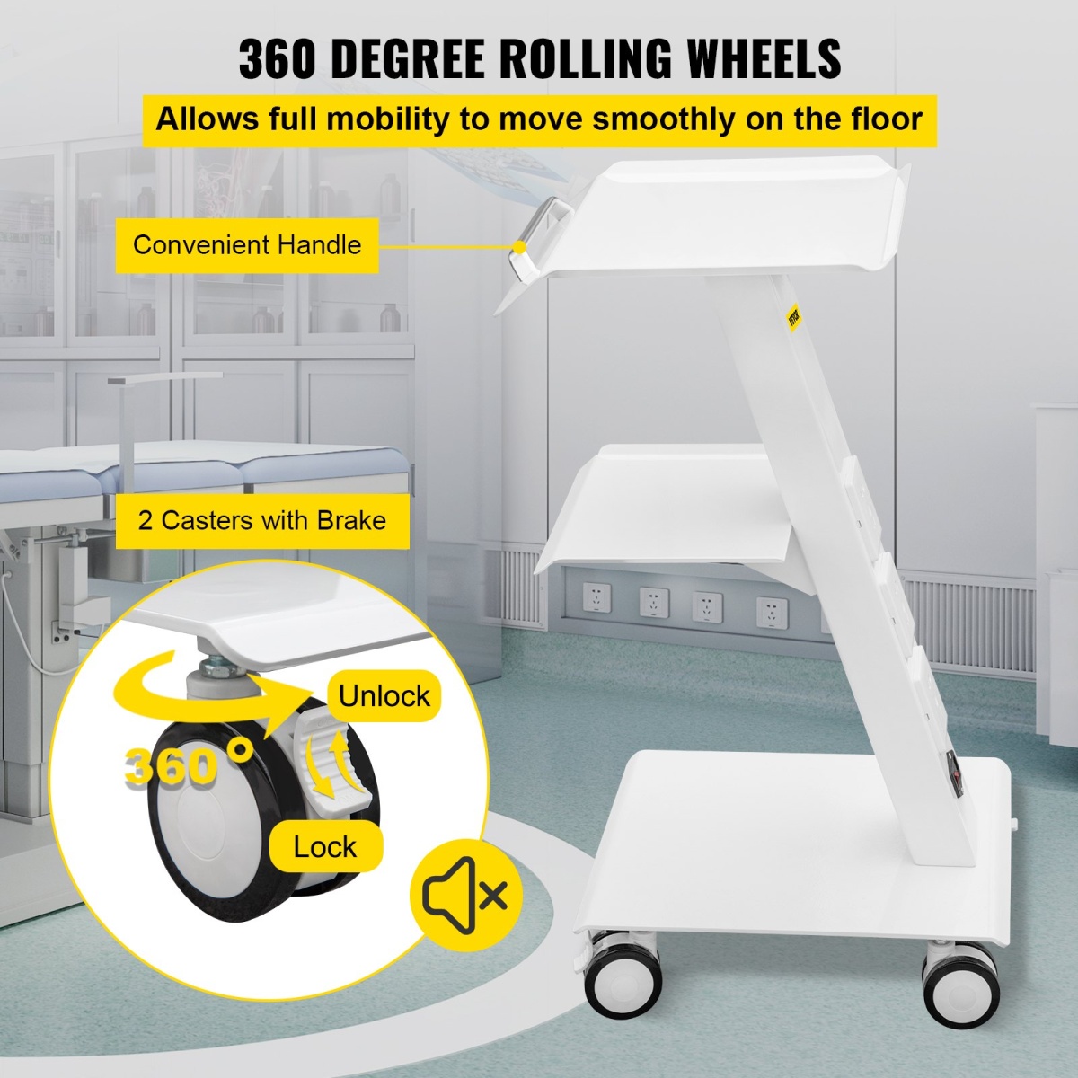 Lab Trolley, Built-in Socket Rolling Lab Cart, 3 Layers Tray Rolling Clinic Cart, 360? Silent Rolling Wheels w/ Foot Brake, 88 lbs Weight Capacity Sturdy Steel Frame, for Lab Clinic Beauty Salon - Image 5