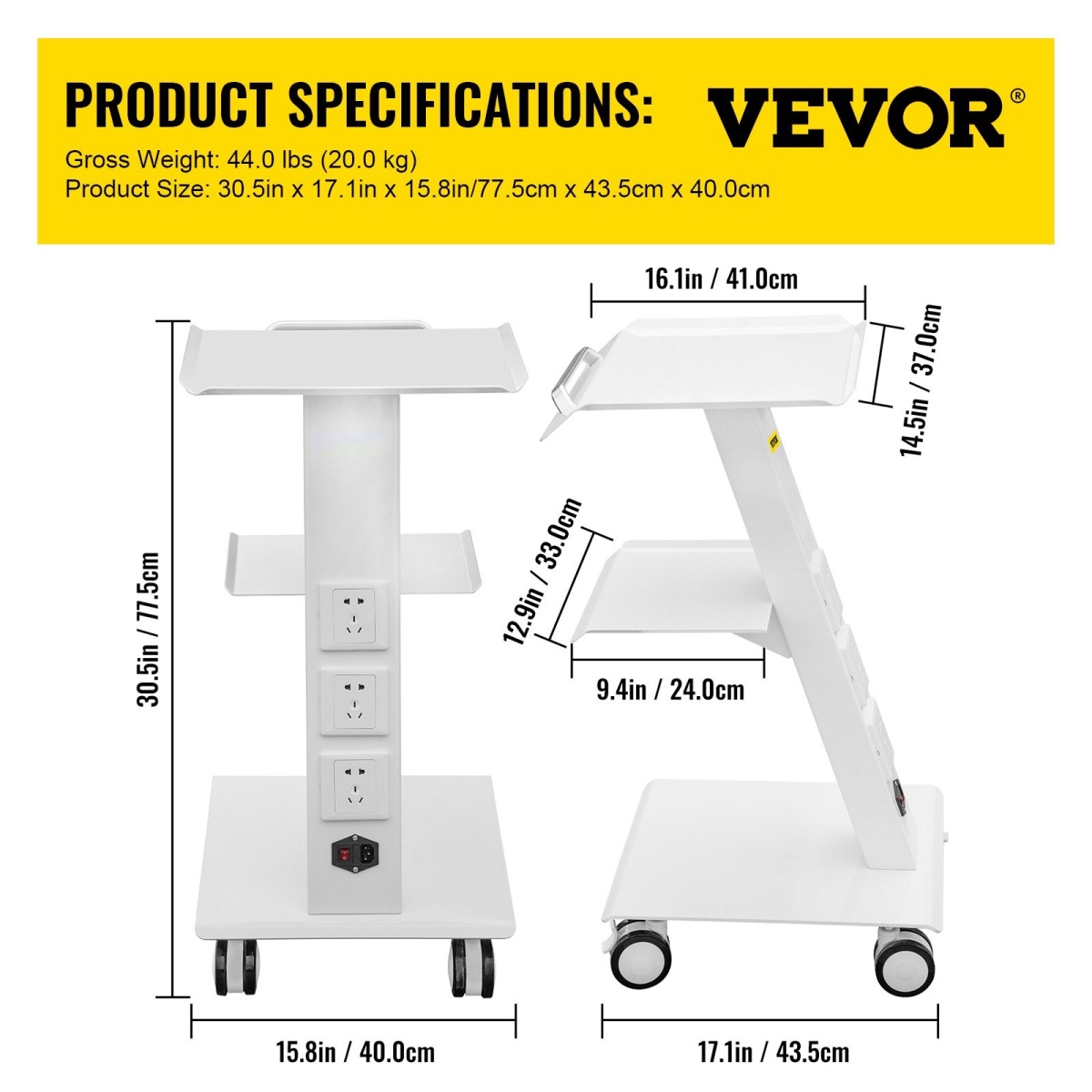 Lab Trolley, Built-in Socket Rolling Lab Cart, 3 Layers Tray Rolling Clinic Cart, 360? Silent Rolling Wheels w/ Foot Brake, 88 lbs Weight Capacity Sturdy Steel Frame, for Lab Clinic Beauty Salon - Image 7