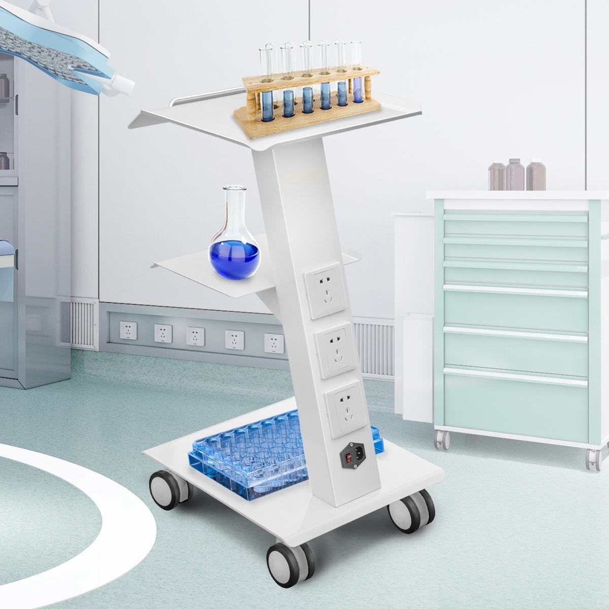 Lab Trolley, Built-in Socket Rolling Lab Cart, 3 Layers Tray Rolling Clinic Cart, 360? Silent Rolling Wheels w/ Foot Brake, 88 lbs Weight Capacity Sturdy Steel Frame, for Lab Clinic Beauty Salon - Image 8