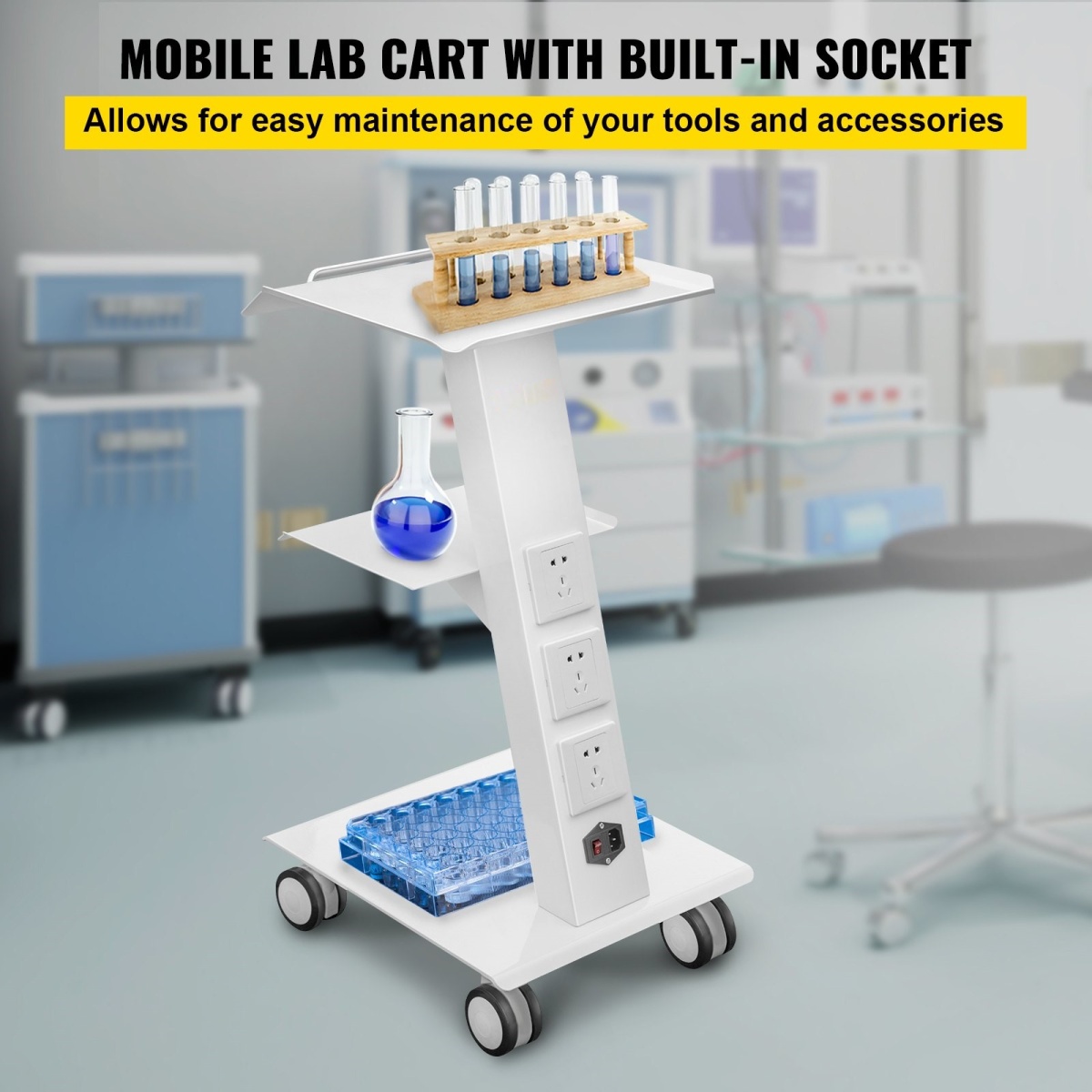 Lab Trolley, Built-in Socket Rolling Lab Cart, 3 Layers Tray Rolling Clinic Cart, 360? Silent Rolling Wheels w/ Foot Brake, 88 lbs Weight Capacity Sturdy Steel Frame, for Lab Clinic Beauty Salon - Image 11