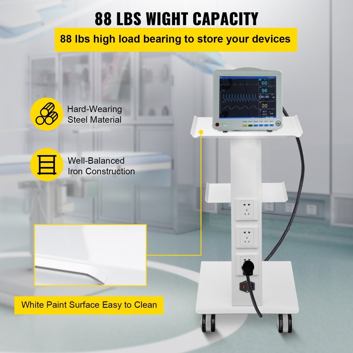 Lab Trolley, Built-in Socket Rolling Lab Cart, 3 Layers Tray Rolling Clinic Cart, 360? Silent Rolling Wheels w/ Foot Brake, 88 lbs Weight Capacity Sturdy Steel Frame, for Lab Clinic Beauty Salon - Image 12