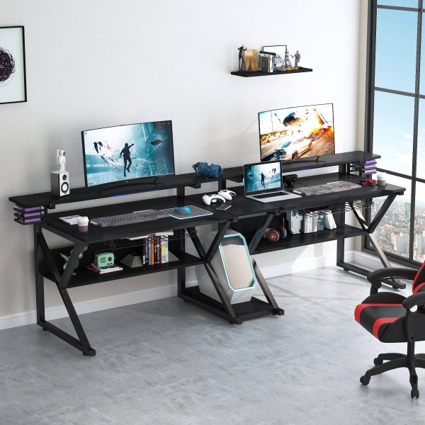 Gaming Desk, 102? Two Person Computer Desk with Shelves