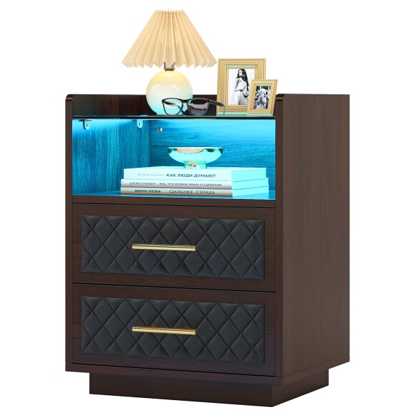 Nightstand, 2 Drawers Beside Table with LED Lights and Shelves