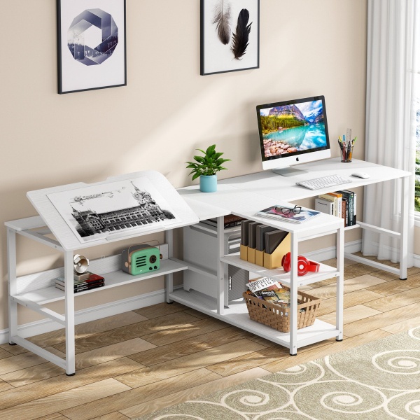 Two Person Desk, 94.5?Computer Desk with Shelves and Tiltable Tabletop