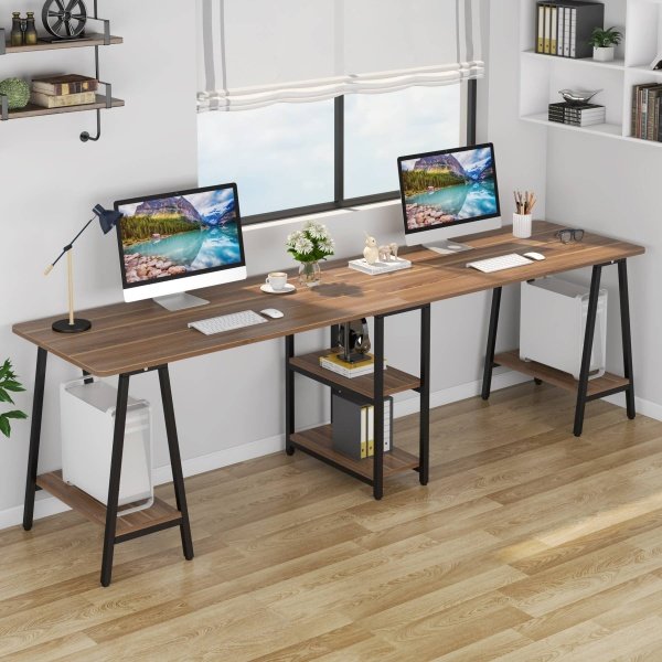 Two Person Desk, 94.5? Double Computer Desk with Storage Shelves