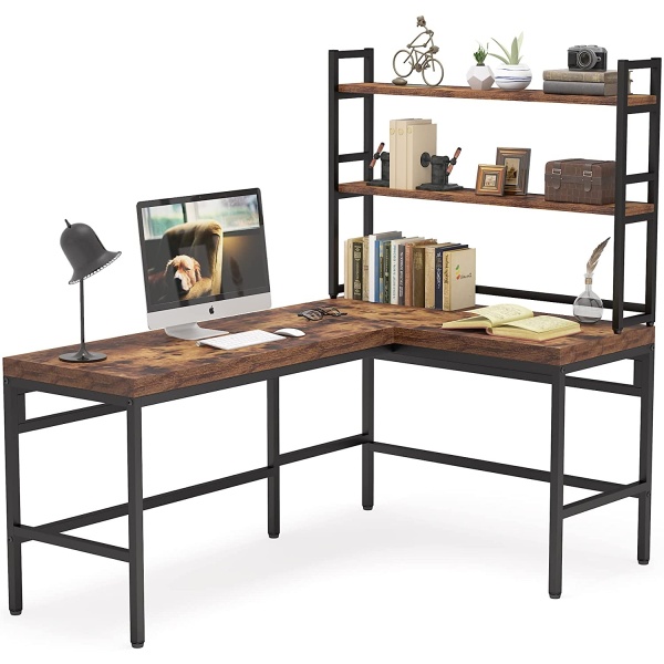 L-Shaped Desk, 67? Computer Writing Desk with Hutch, Rustic