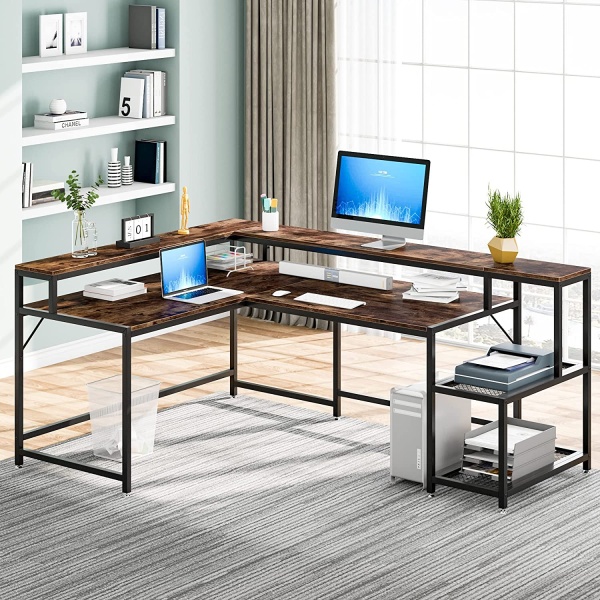 L-Shaped Desk, 69? Reversible Corner Desk with Monitor Stand & Storage Shelf
