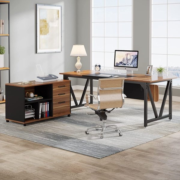 L-Shaped Desk, 70.8? Executive Desk with 35.4? File Cabinet