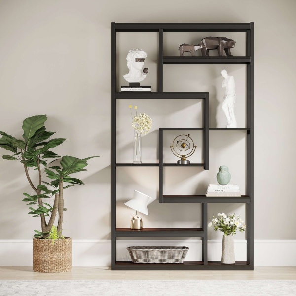 8-Shelves Staggered Bookshelf, Industrial Etagere Bookcase