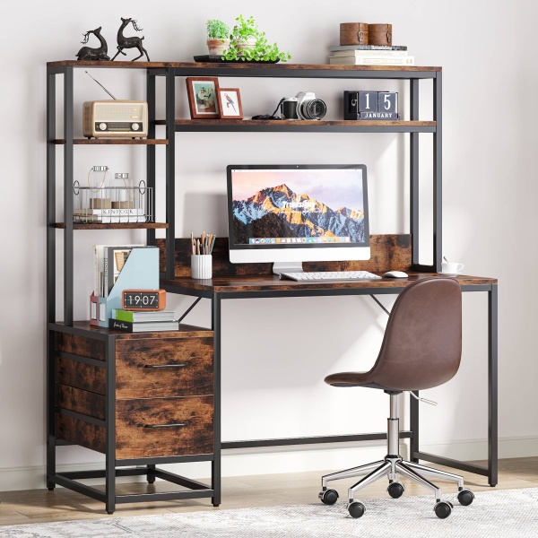 Computer Desk, 55? Writing Table with 2 Drawers and Storage Shelves