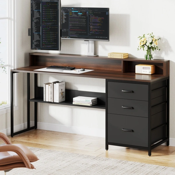 61? Computer Desk Study Writing Table with File Drawers & Monitor Stand