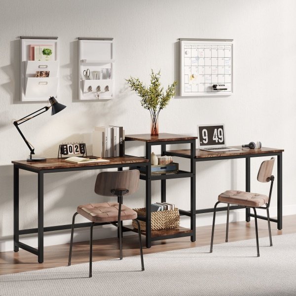 Two Person Desk, 96.9? Double Computer Desk with Storage Shelves
