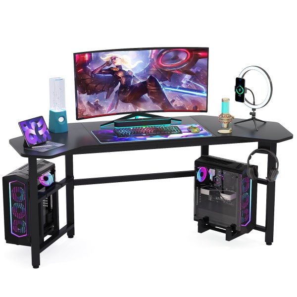 Gaming Desk, 66.5? Ergonomic Wing-Shaped Computer Studio Desk