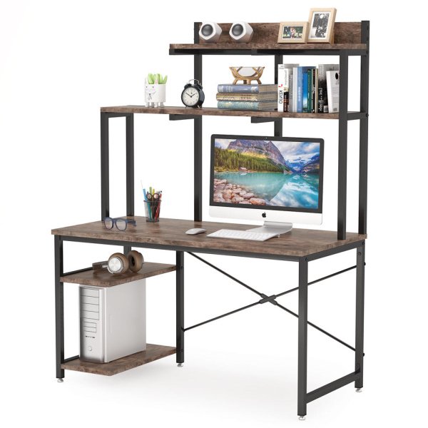 Computer Desk, Home Office Desk with Shelves and Hutch