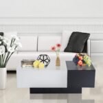 Modern Coffee Table Storage Unit Living Room with Sliding Top Black and White