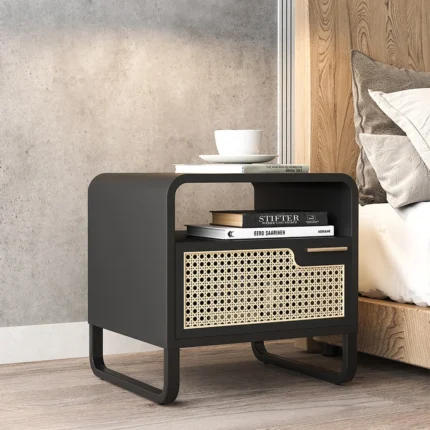 Kramsi Black Nightstand Rattan with Natural wood