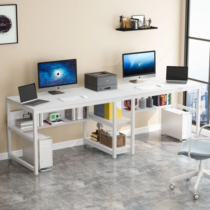 Two Person Desk, Computer Desk Double Workstation with Shelves - Image 10