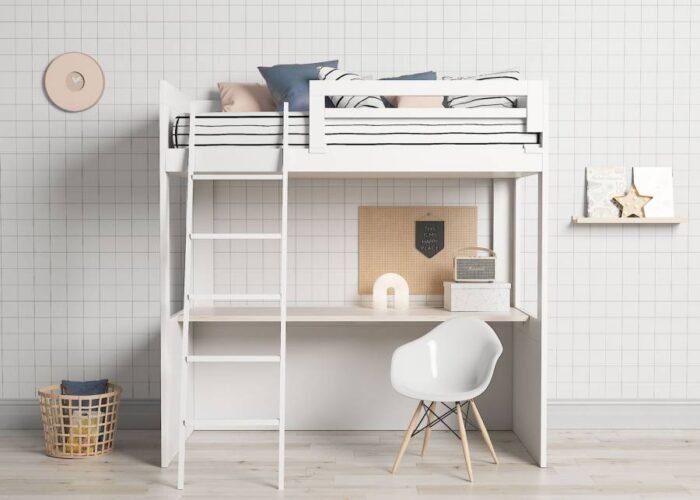 Freestanding high bunk bed with desk below - Image 1