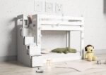 Floor-level children's bunk bed with 4-drawer ladder