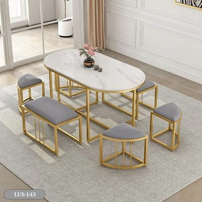 Dining table - 8 metal seats and a white Carrara marble table - LUS-143 - Image 1