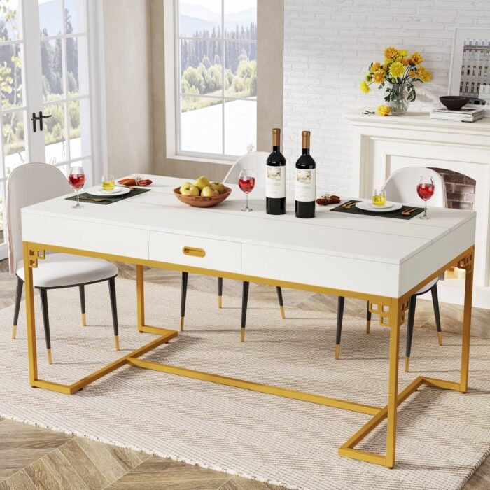 Dining Table, 63? Breakfast Dinner Table with 2 Drawers for 4 to 6 - Image 1