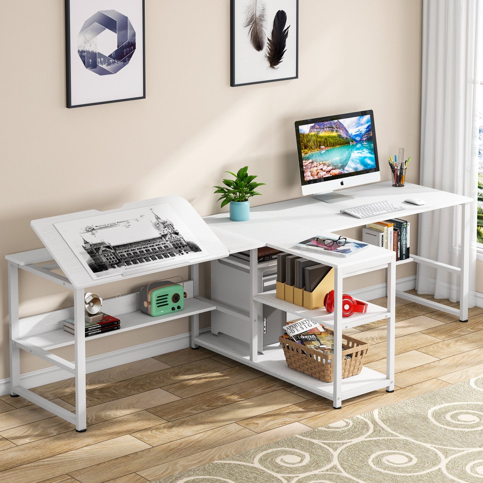 1_1a3a7667-c5f0-41a8-bc29-62babdbb09b4-1.jpg Two Person Desk, 94.5?Computer Desk with Shelves and Tiltable Tabletop - Image 1