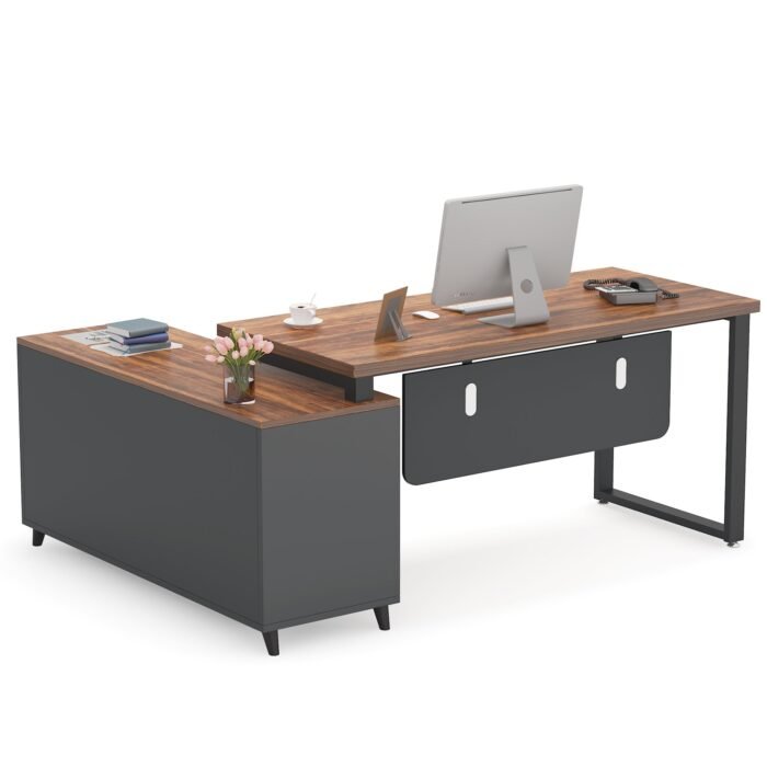 55 Inch L-Shaped Computer Executive Desk with 47 inch File Cabinet - Image 1
