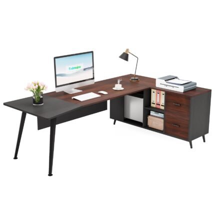 Executive Desk, 87? L-Shaped Computer Desk with 51? File Cabinet
