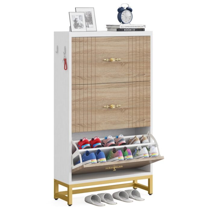 Shoe Cabinet, Modern Shoe Organizer with 3 Flip Drawers & 2 Hanging Hooks - Image 8